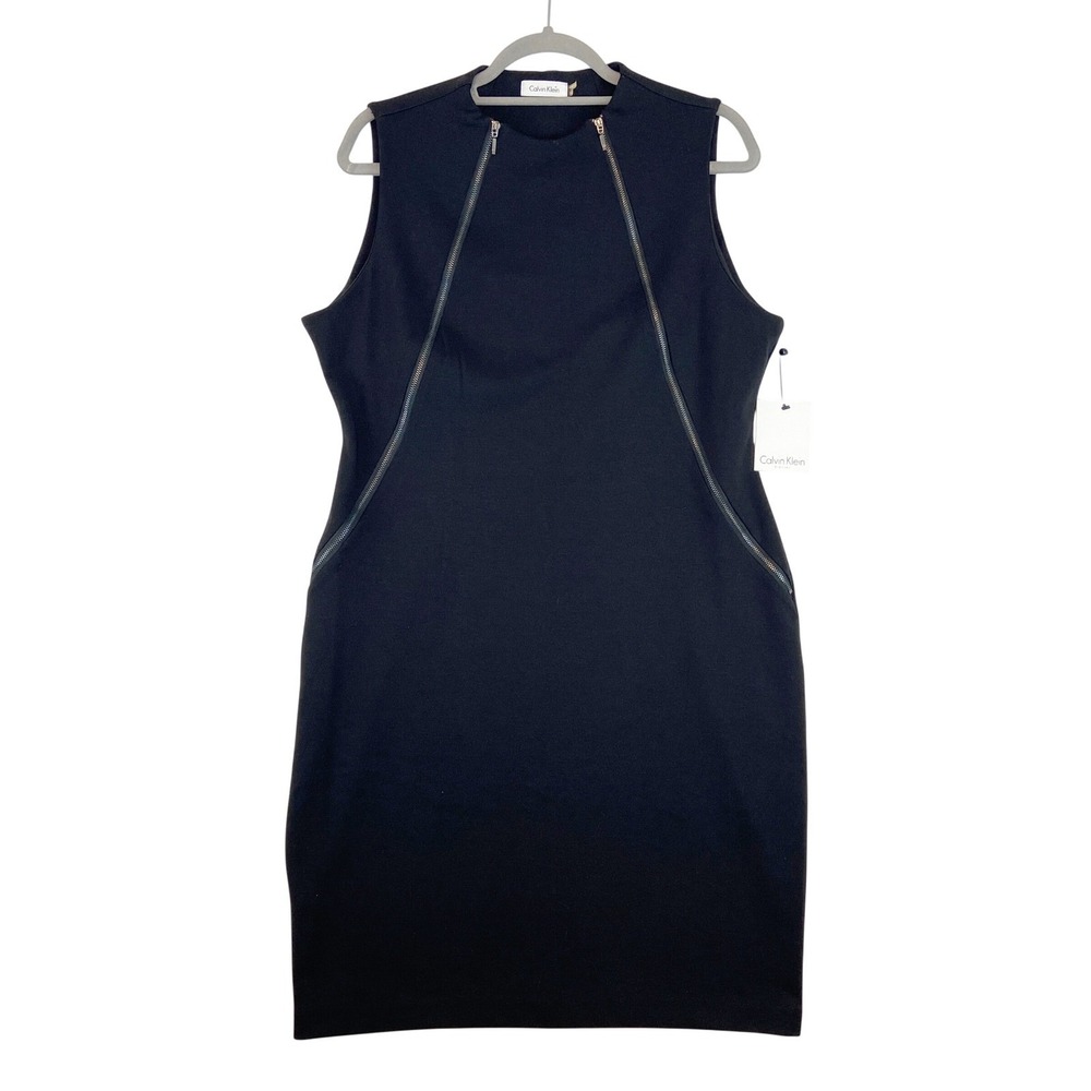 Calvin Klein Sheath Dress Women's Sz 14 Black‎ Sleeveless Zipper Detail LBD